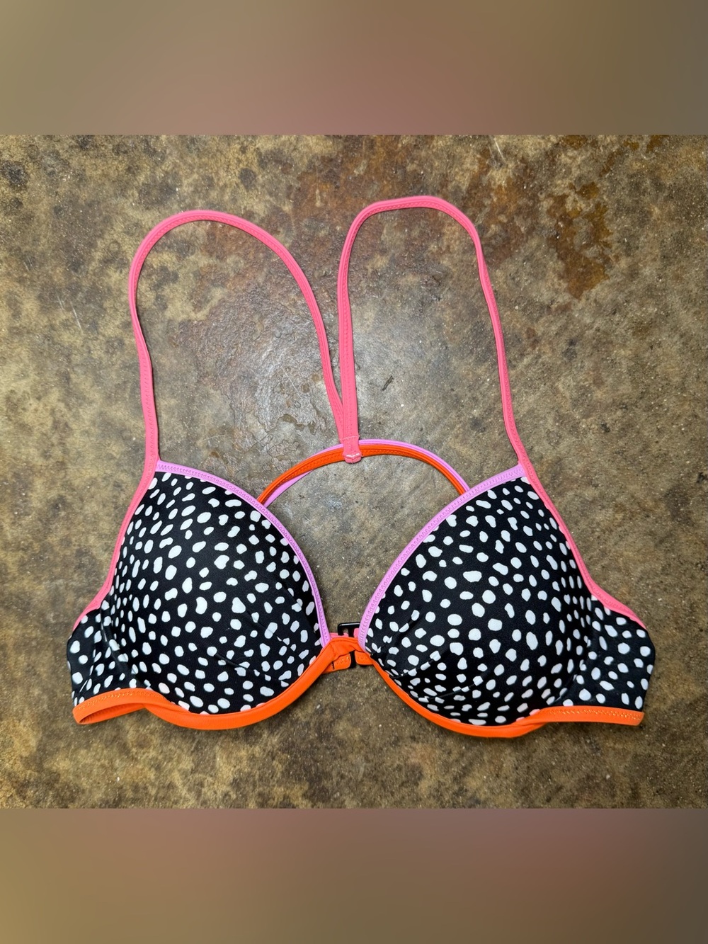 Victoria’s Secret Bikini Top 32B Push Up Black White Pink Orange Dots
